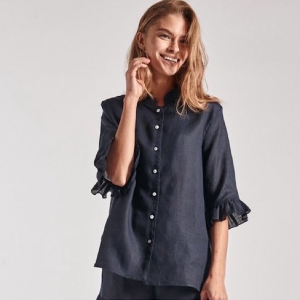 Sleeper• Linen Blue Button Down Top / Ruffle Sleeves